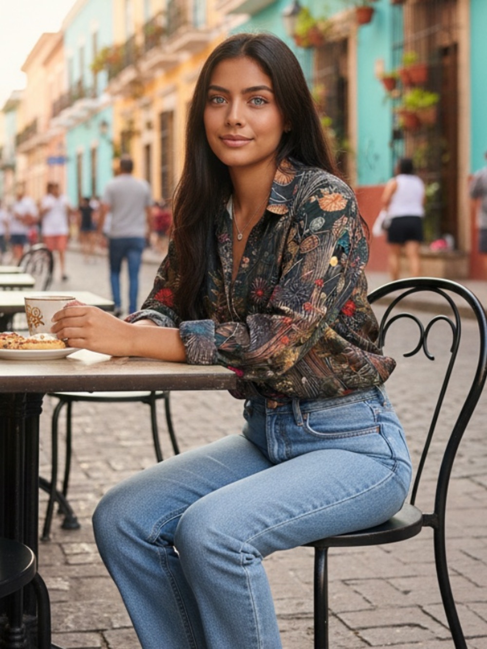 Whimsical forest print button up pocket front shirt l